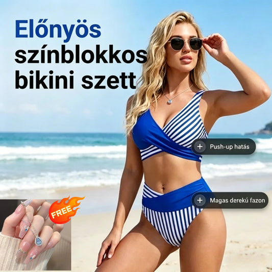 Kétrészes bikini – színblokkos mintával és csíkokkal