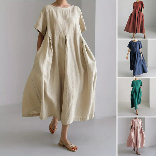 【S-4XL】👗Női alkalmi laza, laza, kerek nyakú ruha zsebekkel