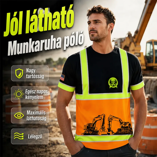 👷🔦 Jól látható figyelemfelkeltő munkapoló – Fluoreszkens + fenyvisszaverő | XS–6XL | 🛡️