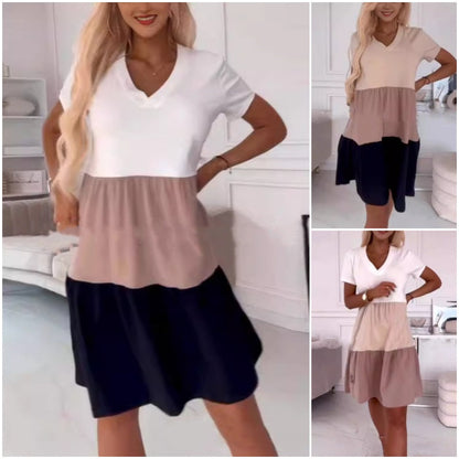 Háromszínű patchwork minta, elegáns női hosszú ruha, édes szív dekoltázzsal