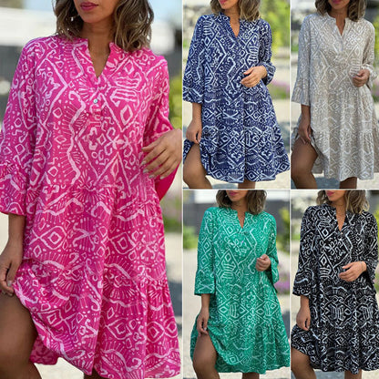 🌺 Alkalmi laza, nyomtatott V-nyakú, áramló ruha