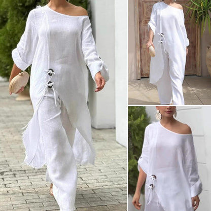 Női divat egyszínű egyszínű ferde váll hosszú felső és nadrág kétrészes készlet