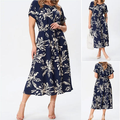 Virágos nyomtatott karcsú kerek nyakú ruha