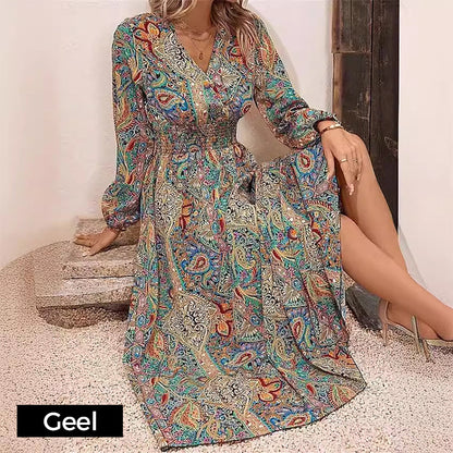 【M-4XL】🌺V-nyakú mintás hosszú ujjú maxi ruha