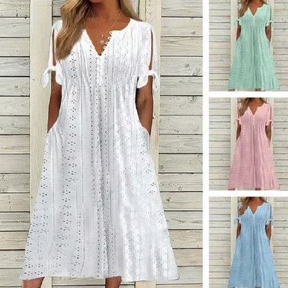 Női elegáns V-nyakú üreges egyszínű ruha