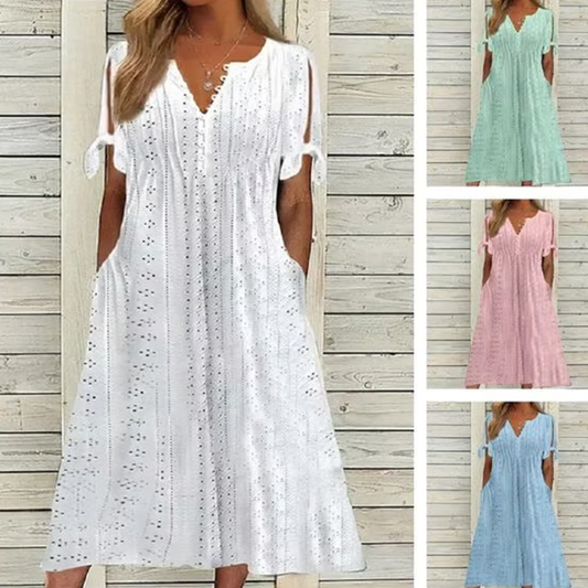 Női elegáns V-nyakú üreges egyszínű ruha