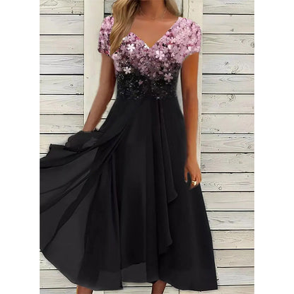 Női nyári V-nyakú nyomtatott patchwork ruha