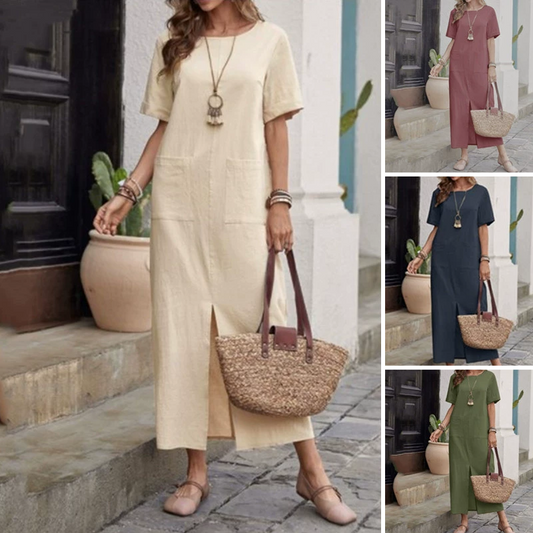 【S-4XL】🌿Pamut-vászon laza kerek nyakú ruha