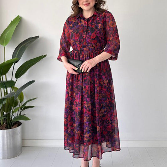 Női elegáns, mintás, laza szabású, lebegős maxi ruha