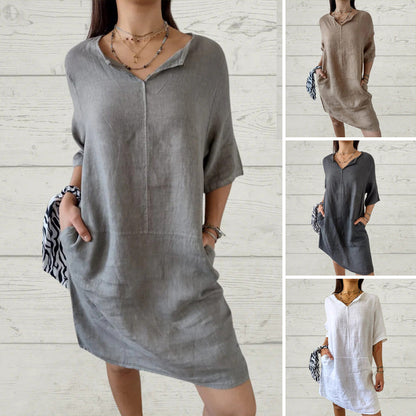 【S-2XL】🌿Női alkalmi szilárd V-nyakú laza laza ruhát💯