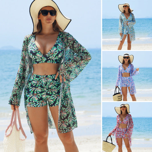 💖Női 3 részes fürdőruha szett - takaró, bikini felső és rövidnadrág👙