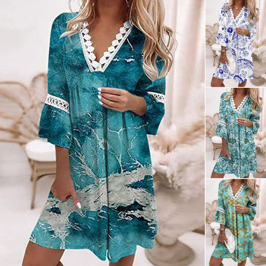 Női V-nyakú nyomtatott alkalmi ruha