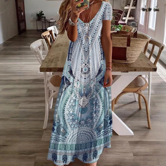 💃🌸Női virágos nyomtatott V-nyakú rövid ujjú ruha