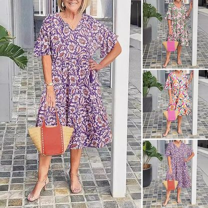 🌸V-nyakú nyomtatott midi ruha