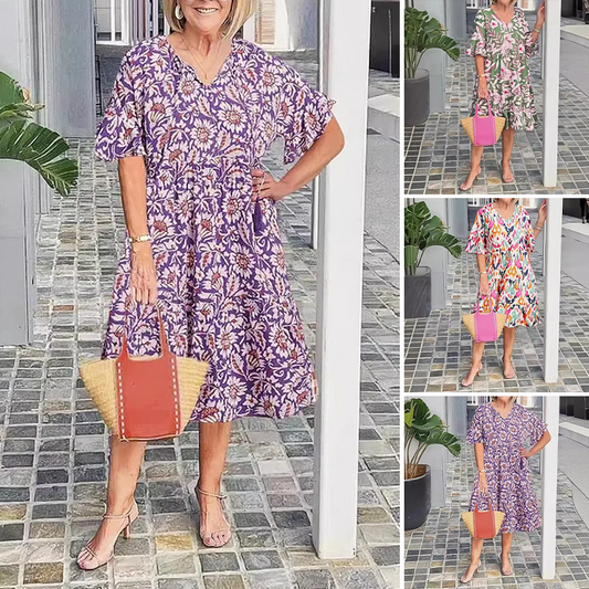 🌸V-nyakú nyomtatott midi ruha