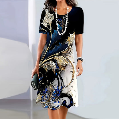 Női alkalmi ruha nyomtatott kerek nyakkal