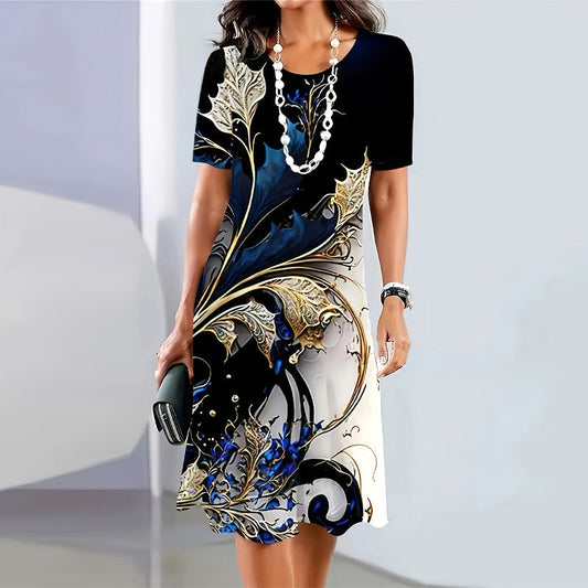 Női alkalmi ruha nyomtatott kerek nyakkal