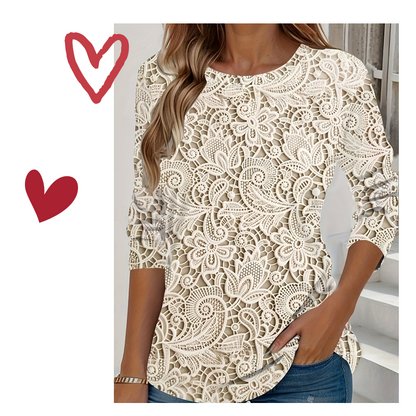 Elegáns, kerek nyakú, csipkés, hosszú ujjú blúz