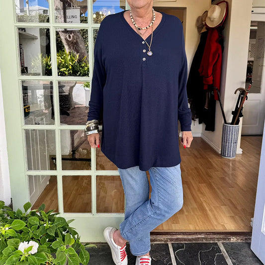 Női gombos V-nyakú rövid ujjú felső