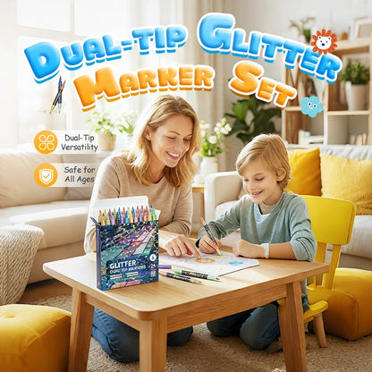 🎁🎨 24 Színű Kétvégű Csillámos Filctoll Készlet ✨🖊️