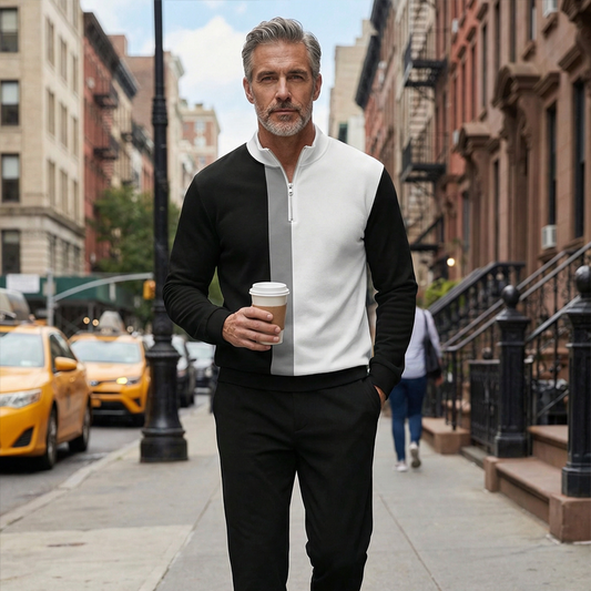 Férfi Színblokkos Melegítő Szett 🏃 – Negyed-Cipzáros Pulóverrel és Nadrággal