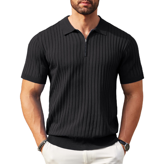 Férfi rövid ujjú, bordás galléros, cipzáras kötött ing - Légáteresztő és kényelmes