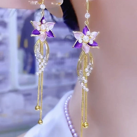 💎 Elegáns, lila virágos rojtos fülbevalók