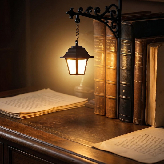 📚 Miniatűr, retro lámpa – utcai lámpa alakú könyvtámasz – dekoratív és meleg fényű ✨