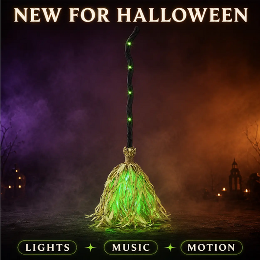 Animált halloweeni dekoráció – boszorkányseprű fény- és hanghatásokkal