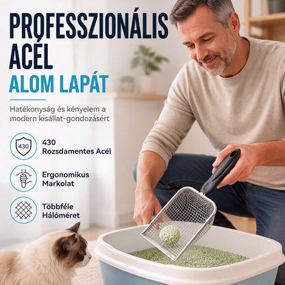 🐱 Finom hálós fém macskaalomlapát – Professzionális rozsdamentes acél, gyors szitálás és ergonomikus, csúszásmentes fogantyú ✨