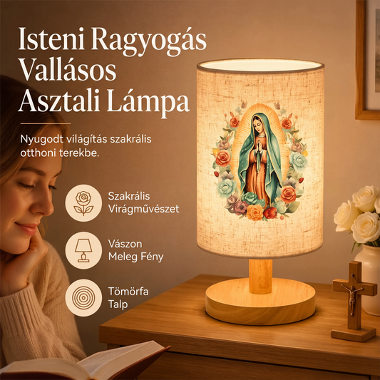 Szűz Mária mintás fa asztali lámpa