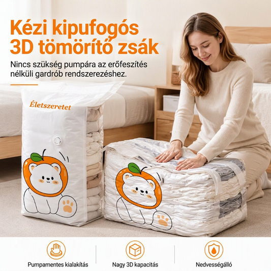🧳 Kézi 3D-s vákuumzsák – nincs szükség légpumpára, újrafelhasználható, maximálisan kihasználja a tárolóhelyet – védi a takarókat és a ruhákat! ✨👚
