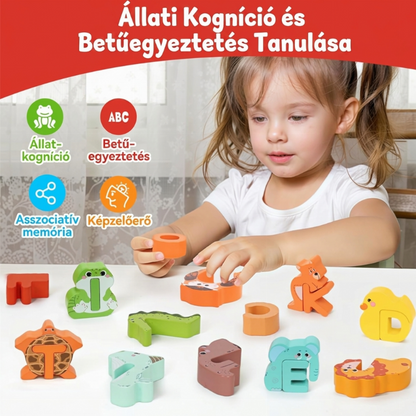 🧠🧩 26 darabos fa párosító játék, amelyben betűket és állatokat kell párosítani 👶💕